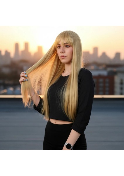 Fiber Sentetik Uzun Düz Kahküllü Peruk - Sarı