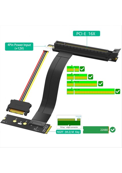 Yükseltici Kablosu M.2 NVME - PCIE X16 Adaptör Grafik Uzatma Kablosu 90 Derece PCI Express 3.0 16x - M anahtarlı Kablo B (Yurt Dışından)