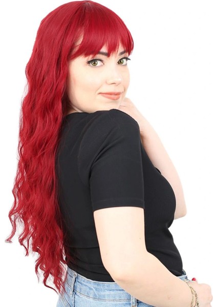 Perçemli Uzun Su Dalgası Fiber Sentetik Peruk - Kızıl fiyatları