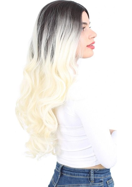 Yoğun Dalgalı Fiber Sentetik Uzun Perçemsiz Peruk - Küllü Siyah / Platin Ombreli fiyatları