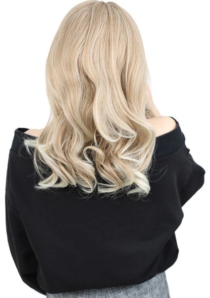 Kahkülsüz Fiber Sentetik Orta Boy Dalgalı Peruk - Karamel / Platin Röfleli fırsatları