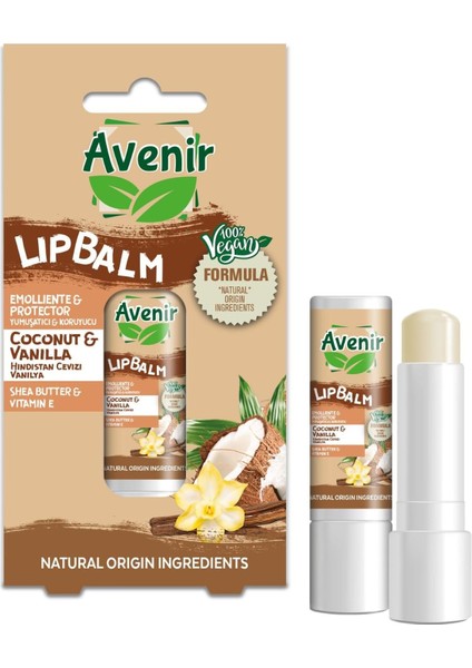Avenir Hindistan Cevizi & Vanilya Vegan Dudak Bakım Kremi - Kuruyan ve Çatlayan Dudaklar Için Yumuşatıcı ve Koruyucu Etkili