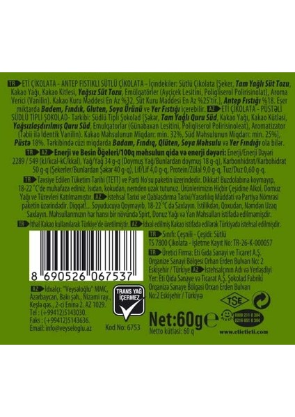 Eti Çikolata Antep Fıstıklı Kare Çikolata 60 G x 6 Adet fiyatları