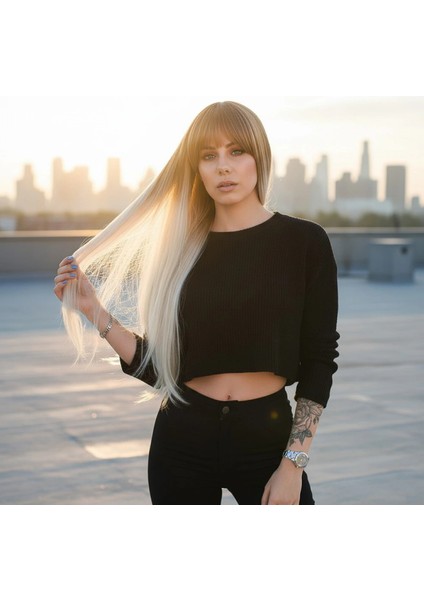 Fiber Sentetik Uzun Düz Kahküllü Peruk - Balköpüğü / Platin Ombreli