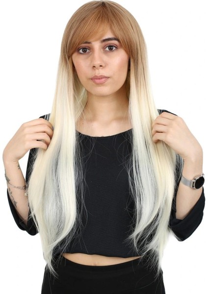 Fiber Sentetik Uzun Düz Kahküllü Peruk - Balköpüğü / Platin Ombreli fiyatları