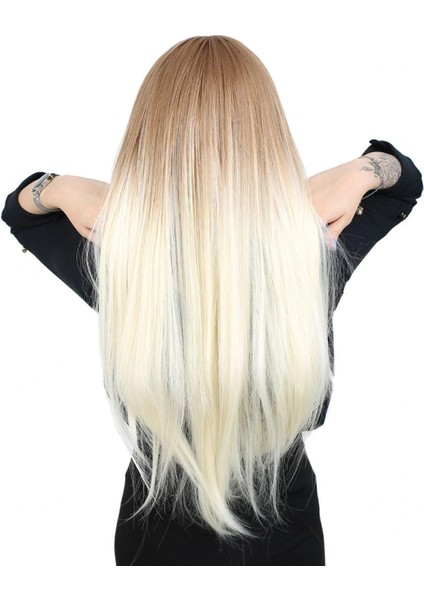 Fiber Sentetik Uzun Düz Kahküllü Peruk - Balköpüğü / Platin Ombreli indirimleri