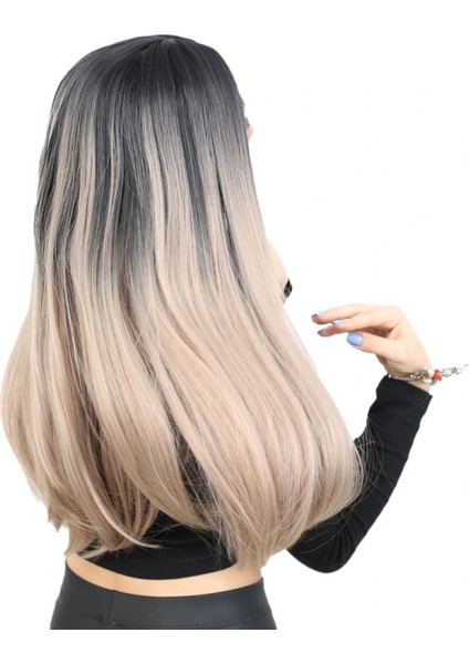 Fiber Sentetik Uzun Düz Peruk - Siyah / Küllü Bebek Sarı Ombreli fiyatları