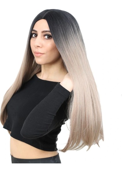 Fiber Sentetik Uzun Düz Peruk - Siyah / Küllü Bebek Sarı Ombreli modelleri