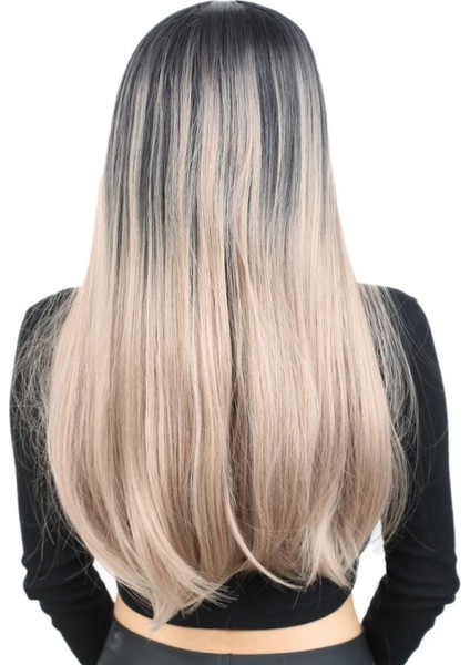 Fiber Sentetik Uzun Düz Peruk - Siyah / Küllü Bebek Sarı Ombreli fırsatları