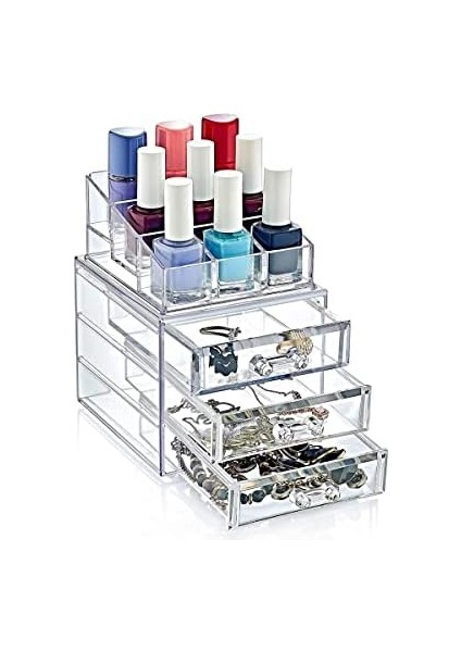 Deconox 3 Çekmeceli 12 Bölmeli Makyaj Organizer Set, Toparlayıcı Akrilik Makyaj Organizeri