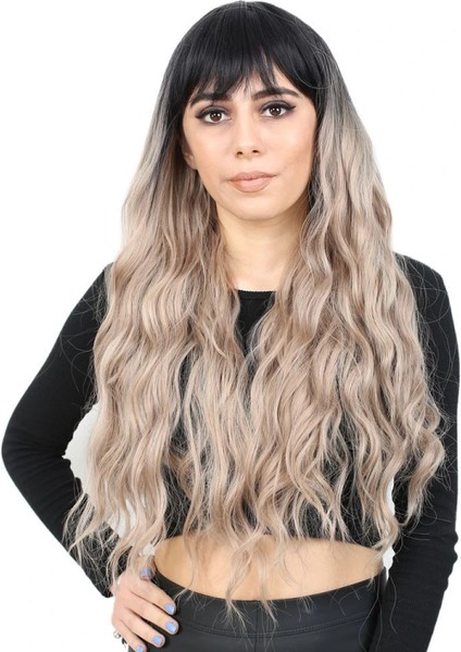 Perçemli Uzun Su Dalgası Fiber Sentetik Peruk- Siyah / Küllü Bebek Sarı Ombreli