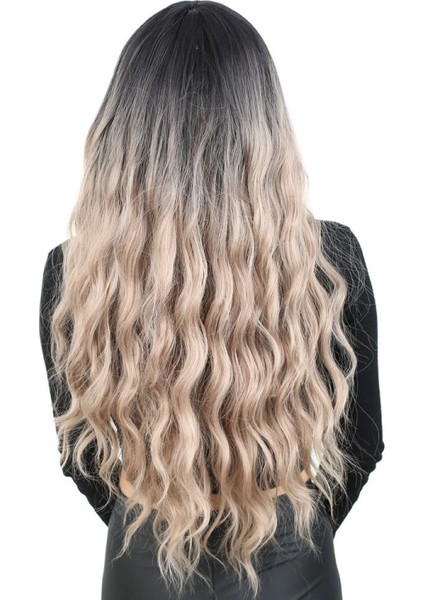 Perçemli Uzun Su Dalgası Fiber Sentetik Peruk- Siyah / Küllü Bebek Sarı Ombreli fiyatları