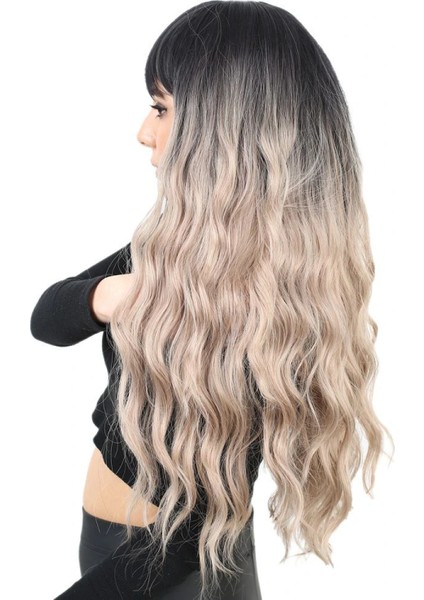 Perçemli Uzun Su Dalgası Fiber Sentetik Peruk- Siyah / Küllü Bebek Sarı Ombreli modelleri