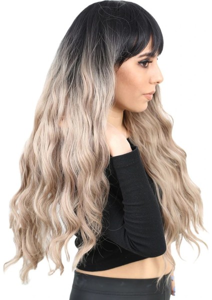 Perçemli Uzun Su Dalgası Fiber Sentetik Peruk- Siyah / Küllü Bebek Sarı Ombreli fırsatları