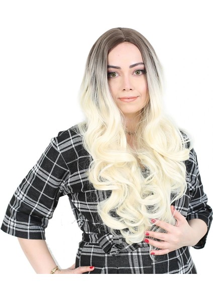 Yoğun Dalgalı Fiber Sentetik Uzun Perçemsiz Peruk - Küllü Açık Kahve / Platin Ombreli