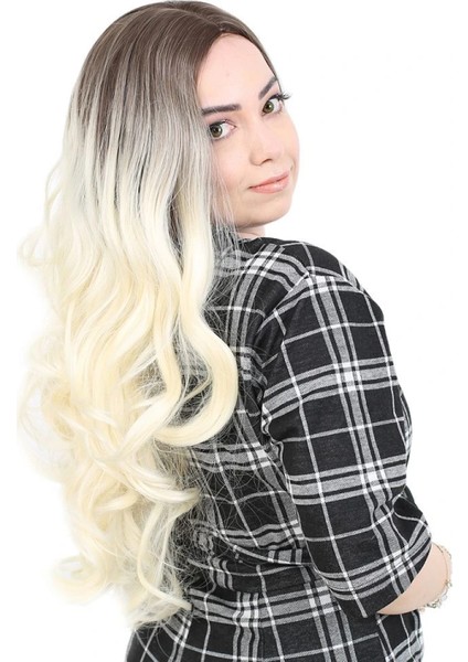 Yoğun Dalgalı Fiber Sentetik Uzun Perçemsiz Peruk - Küllü Açık Kahve / Platin Ombreli fiyatları