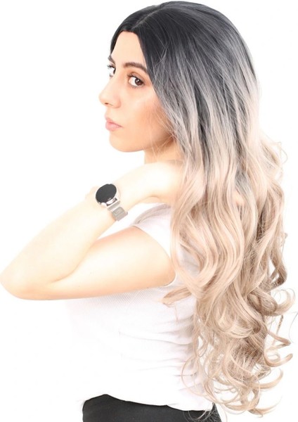 Yoğun Dalgalı Fiber Sentetik Uzun Perçemsiz Peruk - Siyah / Küllü Bebek Sarı Ombreli modelleri