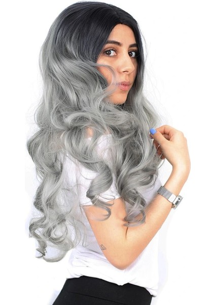 Yoğun Dalgalı Fiber Sentetik Uzun Perçemsiz Peruk - Siyah / Gri Ombreli fiyatları