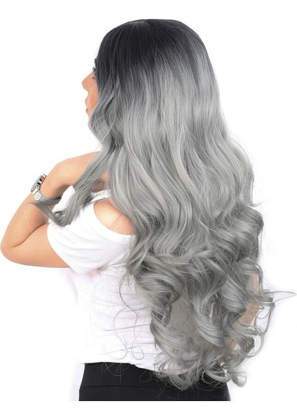 Yoğun Dalgalı Fiber Sentetik Uzun Perçemsiz Peruk - Siyah / Gri Ombreli modelleri