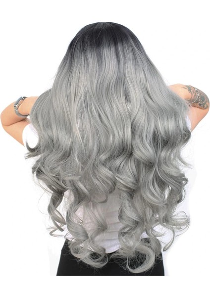 Yoğun Dalgalı Fiber Sentetik Uzun Perçemsiz Peruk - Siyah / Gri Ombreli fırsatları