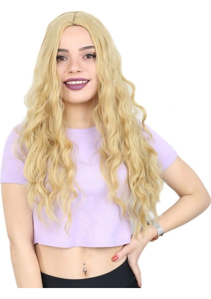 Su Dalgası Uzun Perçemsiz Fiber Sentetik Peruk - Sarı