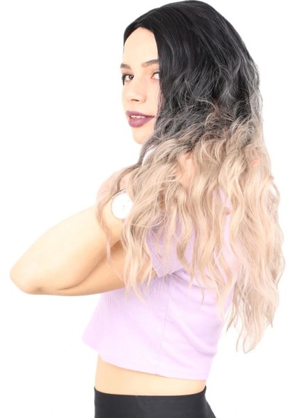 Su Dalgası Uzun Perçemsiz Fiber Sentetik Peruk - Siyah / Küllü Bebek Sarı Ombreli modelleri