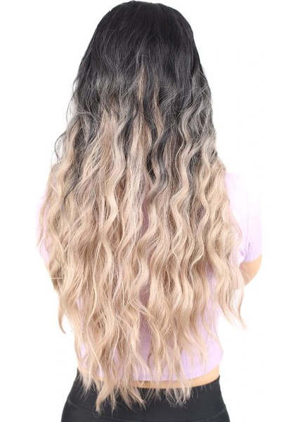 Su Dalgası Uzun Perçemsiz Fiber Sentetik Peruk - Siyah / Küllü Bebek Sarı Ombreli fırsatları