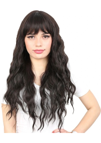 Perçemli Uzun Su Dalgası Fiber Sentetik Peruk- Kahverengi