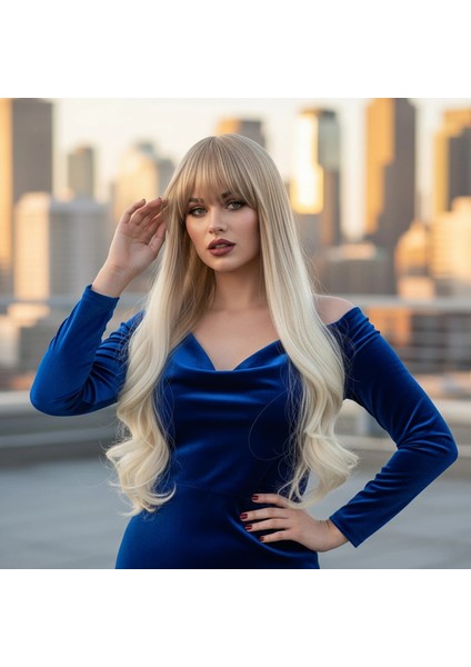 Kahküllü Uzun Dalgalı Fiber Sentetik Peruk - Küllü Balköpüğü / Platin Ombreli