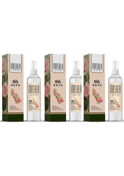 Masala 3 Adet Saf Gül Suyu 125 ML%100 Doğal Yağlı Hidrosol - Tonik Rose Floral Water Hydrosol Tonic