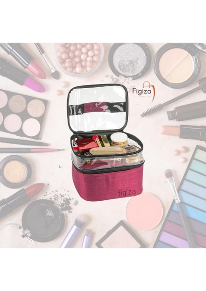 Figiza Seyahat Tipi Kozmetik Makyaj Çantası Su Geçirmez Büyük Boy Bölmeli Makyaj Seti Kutusu (Bordo) fiyatları