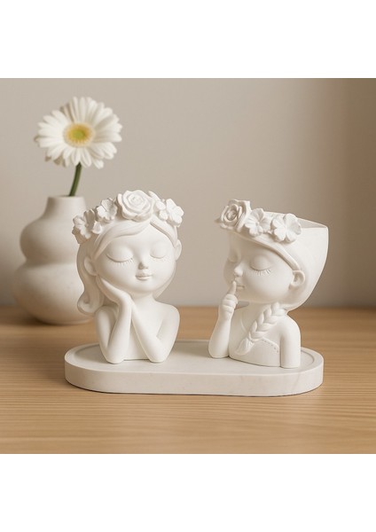 2li Çiçekli Kız Mumluk, Skulent Çiçeklik, Dekoratif Biblo