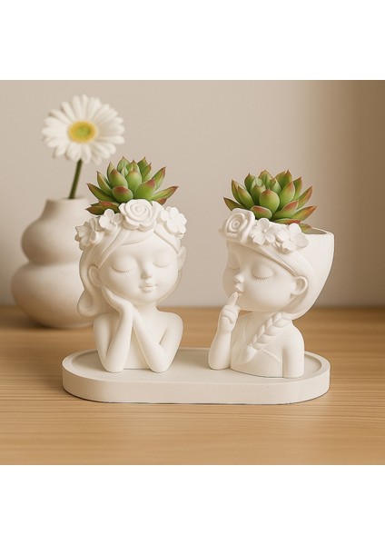 2li Çiçekli Kız Mumluk, Skulent Çiçeklik, Dekoratif Biblo fiyatları