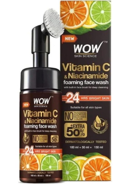 Wow Skin Science C Vitamini Yüz Yıkama Köpüğü Fırçalı Yüzde Doksan Sekiz Doğal Içerik Aydınlatıcı, Derin Temizlik, 150ML