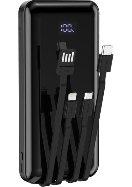 Robeve 10000 Mah Dijital Göstergeli Dahili Kablolu Powerbank 10000 Mah Powerbank Lightning - Type C - USB - Micro USB Dahili Kablolu Powerbank Bpb3