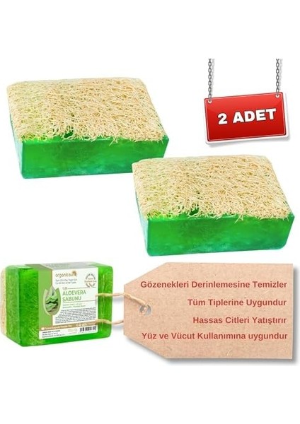 Organicsun Doğal Kabak Lifli Aloe Vera Sabunu 120 gr x 2 Adet Tüm Cilt Tipleri Için B ve E Vitaminli modelleri