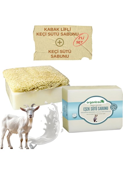 Organicsun 2'li Set Doğal Kabak Lifli Keçi Sütü Sabunu ve Lifsiz Keçi Sütü Sabunu modelleri