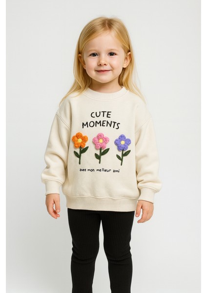 Kız Çocuk 3 Iplik Kumaş Nakış Detaylı Fitilli Taytlı Alt-Üst Takım Krem