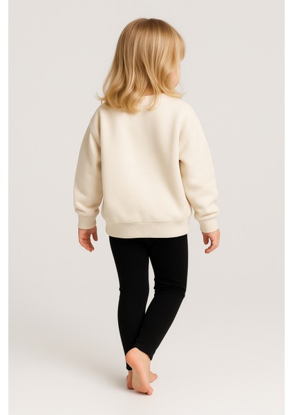 Kız Çocuk 3 Iplik Kumaş Nakış Detaylı Fitilli Taytlı Alt-Üst Takım Krem fiyatları