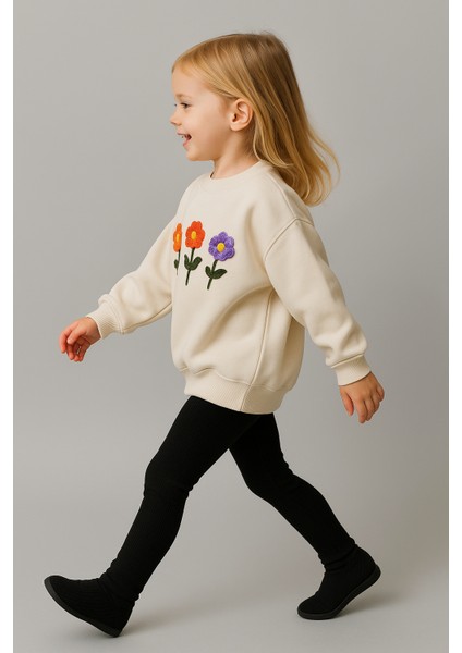 Kız Çocuk 3 Iplik Kumaş Nakış Detaylı Fitilli Taytlı Alt-Üst Takım Krem modelleri