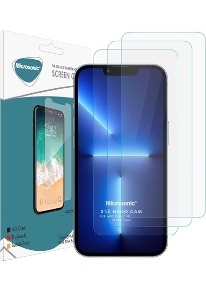 13 Pro Max Screen Protector Glass Cam Ekran Koruyucu (3'lü Paket) [ 13 Pro Max ile Uyumlu Ekran Koruyucu - Şeffaf]
