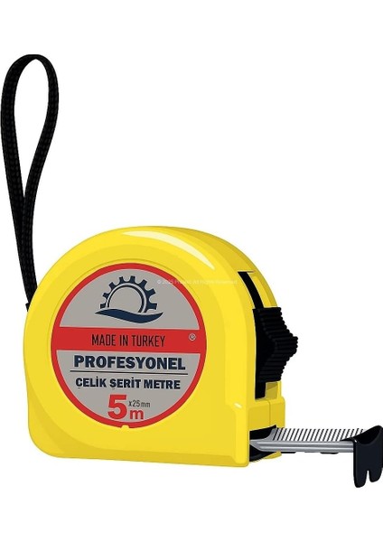 Çelik Şerit Metre, 5 Metre, 25 mm Genişlik, Otomatik Kilitli, Askılı, Dayanıklı Gövde, Otomatik Geri Sarma, Profesyonel Ölçüm Aleti