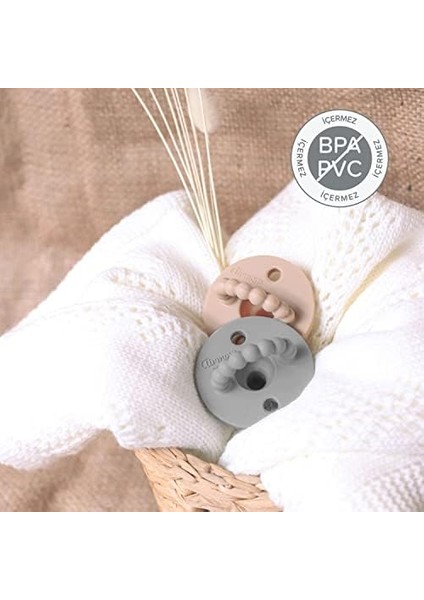 Fufizu Airmom Emzik - Hem Emzik Hem Diş Kaşıyıcı 2'li Silikon Emzik - Yenidoğan ve 0-6 Ay Koyu Gri & Taba