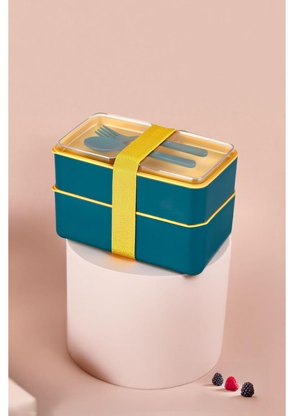 2 Katlı Yemek Kabı, Çatal Kaşık Setli, Taşıma Kayışlı, Büyük Boy