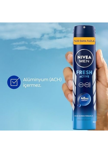 Nıvea Men Erkek Sprey Deodorant Fresh Active 200ML, Ter Kokusuna Karşı 48SAAT Koruma, X3 Adet, Avantajlı Boy modelleri