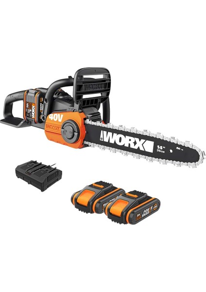 40 V Akülü Zincirli Testere WG384E, 2 x 2,0 Ah, Powershare, Fırçasız Motor, Aletsiz Zincir Germe Sistemi, Hızlı Durdurma Zincir Freni, Çift Şarj Cihazı, 35 cm Çubuk Uzunluğu, 2 x 18 V