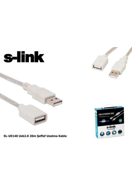 S-Link SL-UE140 20MT 2.0 USB Şeffaf Uzatma Kablosu