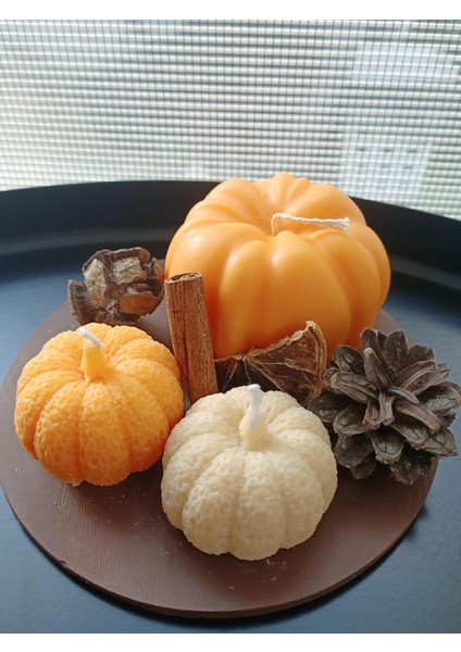 Tasarım 3'lü Iki Farklı Boy Balkabağı Seti, Kuru Aksesuarlar ve Sunum Tabağıyla Birlikte