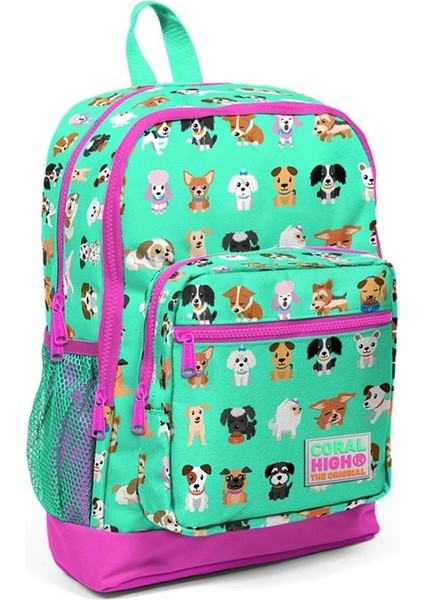 Kids Su Yeşili Köpek Desenli Dört Bölmeli Okul Sırt Çantası 23465
