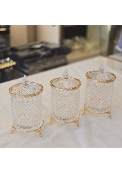 3’lü Ayaklı Kristal Cam Şekerlik / Kavanoz Seti Gold